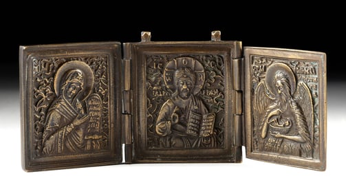 19th C. Russian Brass Traveling Triptych Icon of Deisis