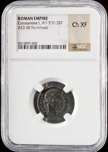 Choice Roman Constantine Bronze Coin, NGC Certified: Roman, Imperial Period, ca. 4th century CE. A bronze AE3 (also known as a billon nummus) coin of Emperor Constantine the Great, officially certified and slabbed by the Numismatic Guaranty Corporation