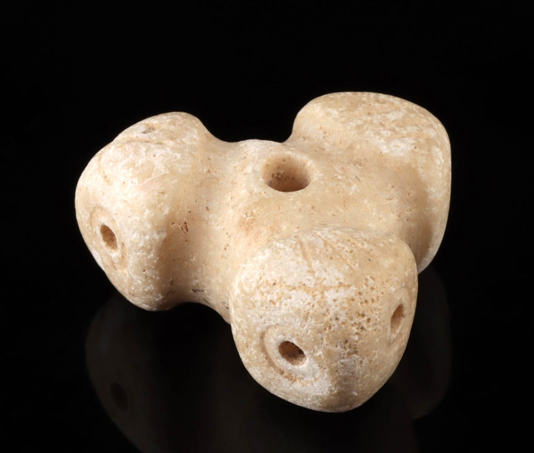 Sumerian Limestone Bead - Tri-Lobed Watchful Faces (1 of 4)