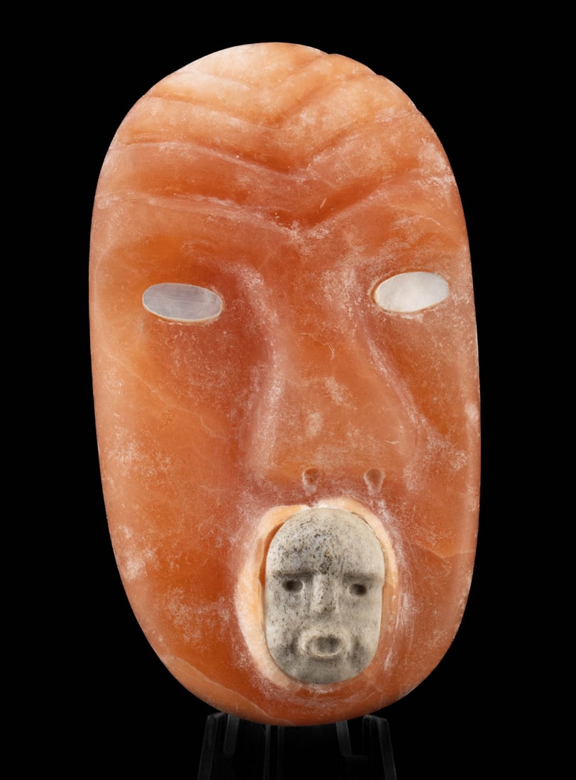 Alaskan Spirit Mask Carving, Pink Stone & Antler Inlay (1 of 3)