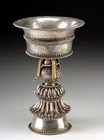 Superb Tibetan Silver & Gold Butter Lamp w/ Turquoise
