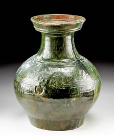 Large Chinese Han Dynasty Green Glazed Jar w/ Taoties