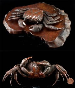 Superb 19th C. Japanese Bronze Jizai Okimono Crab