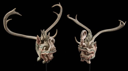 19th C. Burmese Pyinsarupa Temple Guardians w/ Antlers