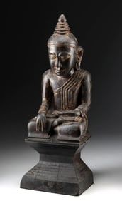 18th C. Burmese Shan Lacquer Wood Buddha, Trace Gilding