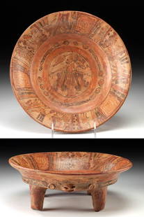 Maya Ulua Valley Rattle Dish - Dancing Figure & Animal: Pre-Columbian, Honduras, Maya Culture, Ulua Valley, Late Classic Period, ca. 600 to 900 CE. A vibrant fusion of movement, music, and myth, this four-footed rattle dish from the Ulua Valley exemplifies