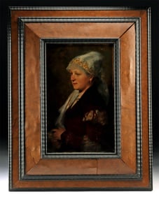 19th C. European Portrait of Woman in Burl Wood Frame