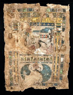 Egyptian Cartonnage Panel - Ibis, Winged Deity, Hieroglyphs: Egypt, Late Period to Ptolemaic, ca. 4th to 1st century BCE. Gesso over linen with natural mineral pigments. A rare and beautifully preserved funerary cartonnage panel, executed in vivid polychrome