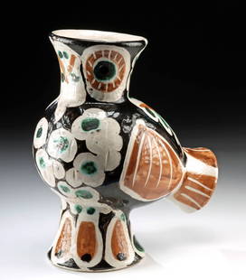 Pablo Picasso Hibou des Bois (Owl) Ceramic Vase: Pablo Picasso (Spanish, 1881-1973). "Hibou des bois" (Wood Owl) ceramic vase, 1968. Edition 143/500. Marked with hand carved "EDITION PICASSO", edition number "143/500" and "MADOURA" in addition to "E