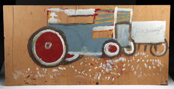 Large Jimmy Lee Sudduth Painting - Farmer in Tractor: Jim "Jimmy Lee" Sudduth (American, 1910-2007). Painting of a figure driving a tractor. House paint and sand on plywood, n.d. Hand signed on tractor (upper right). A large painting by self-taught maste