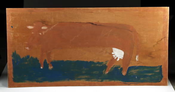 Large Jimmy Lee Sudduth Painting - Milking Cow: Jim "Jimmy Lee" Sudduth (American, 1910-2007). Painting of a Milking Cow (house paint and sand on plywood) n.d. Hand signed at top center. A sizeable painting by self-taught master Jim Sudduth (also k