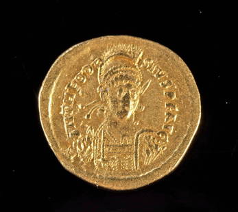 Roman Empire Theodosius II Gold Solidus Coin: Roman Empire Theodosius II Gold Solidus20001195"Roman Empire, Imperial, ca. 422 to 430 CE. Theodosius II Gold Solidus minted in Constantinople. Obverse: D N THEODO-SIVS P F AVG, pearl-diademed, helmet