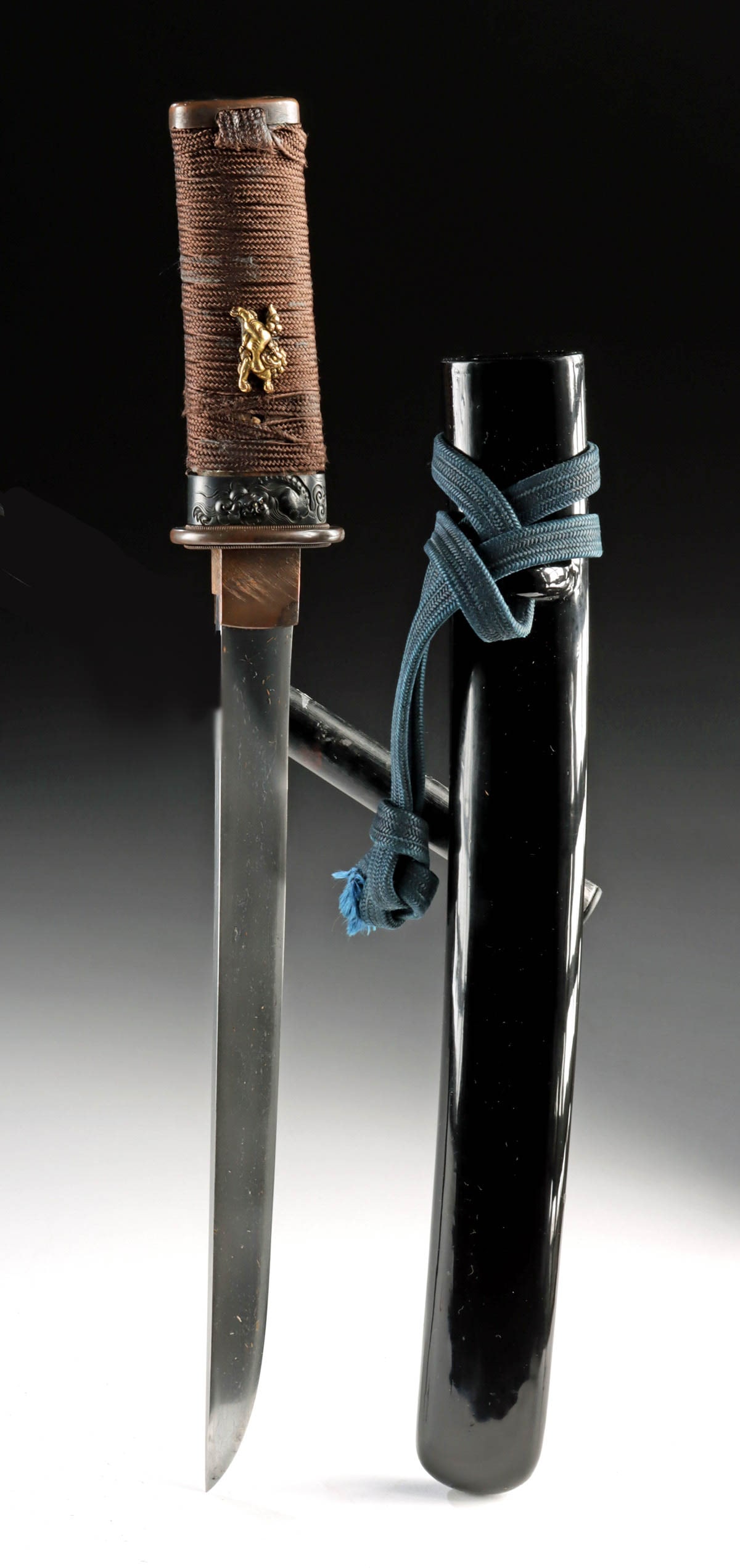 Japanese Tanto in Koshirae, 16th Century Blade: East Asia, Japan, Momoyama period, ca. late 16th century CE. A tanto accompanied by an official appraisal certificate (kanteisho) and oshigata, a traditional ink rubbing of the tang. The unsigned (mum