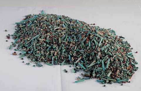 1 Pound of Loose Egyptian Faience Beads: Ancient Egypt, New Kingdom to Late Dynastic periods. Ca. 1500 to 300 BCE. Great opportunity to try out one's jewelry making skills! One pound of loose faience beads in colors of green, brown, blue,