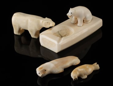 3 Inuit Walrus Ivory Animal Carvings + Ashtray