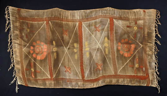 West African Cotton & Resist / Mud Dyed Textile: Likely West African, ca. 20th century CE. This cotton textile appears to be resist or mud-dyed, showcasing a simple plain weave with a slightly loose or gauze-like texture. The fabric features fringed