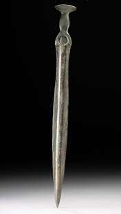 European Late Bronze Age Sword - Leaf-Shaped Blade Form: Europe, Late Bronze Age, ca. 1200 to 1000 BCE. A striking relic of ancient European martial tradition, this Late Bronze Age bronze sword dates to circa 12th to 10th century BCE and exemplifies the tec