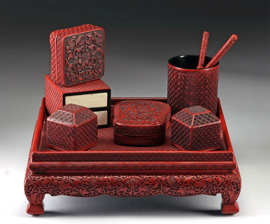 19th C. Chinese Qing Cinnabar Lacquer Scholar's Set (1 of 4)