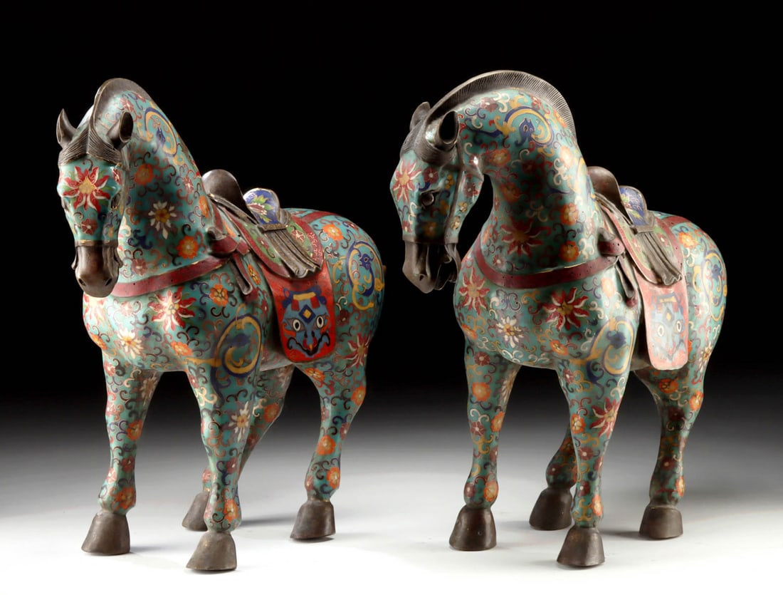 Pair of Chinese Tang Revival Cloisonne War Horses (1 of 7)
