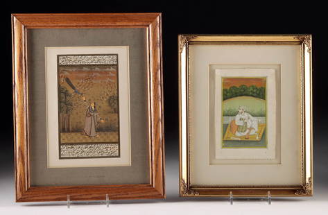 Two Framed Indo-Persian Miniature Gouache Paintings: Central Asia, Indo-Persian, ca. 19th to early 20th century CE. A pair of framed paintings rendered in vibrant gouache. One appears to be a Rajasthani miniature, depicting an aristocratic figure seated