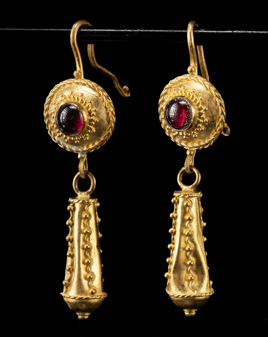 Neoclassical Gold & Garnet Earrings - Hercules Clubs (1 of 2)