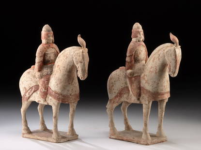Chinese Wei Dynasty Riders - Tomb Guardian Pair, TL'd: East Asia, China, Northern Wei Dynasty, ca. 386 to 534 CE. A strikingly solemn pair of mounted warriors, these painted pottery horsemen were once guardians of a tomb, conjured in clay to protect and a