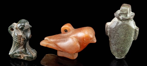 Three Egyptian Amulets - Faience Heart & Stone Falcons