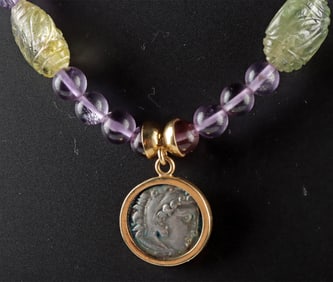 Amethyst Beaded Necklace & Ancient Greek Silver Coin