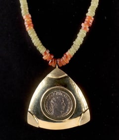 Roman Phillipus Coin, 18kt Gold Bezel & Stone Necklace