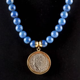Gold & Lapis Bead Necklace w/ Ancient Roman Silver Coin