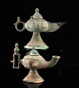 Two Islamic Bronze Oil Lamps - Ornate Pedestal Forms