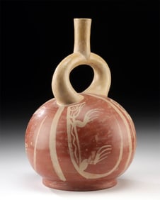 Moche Bichrome Pottery Stirrup Vessel w/ Iguana Lizards