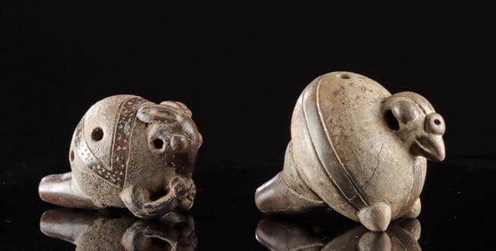 Two Tairona Pottery Ocarinas - Armadillo & Bird