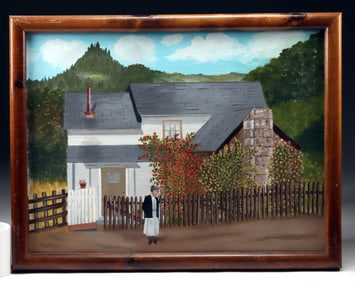 American Folk Art Painting - Woman Admiring Garden