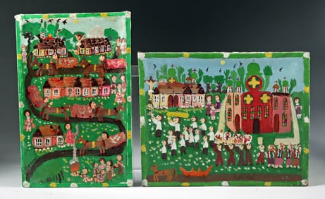 Pair of Tadeusz Zak Paintings - Village Processions