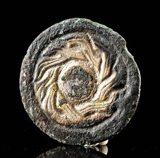 Early Medieval Anglo-Saxon Electrum & Bronze Disc Mount: Western Europe, Anglo-Saxon / Celtic / Viking, Early-Medieval, ca. 8th to 10th century CE. A disc brooch mount fitting cast from bronze, with an overlay of electrum covering the interlaced motif frami