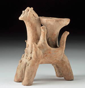 Ancient Amlash Vessel - Abstract Horse with Avians: Ancient Near East / Central Asia, northwestern Iran, Amlash culture, ca. 1200 to 800 BCE. A hand-built pottery vessel with a body composed of an abstract horse standing atop four outstretched legs. Th