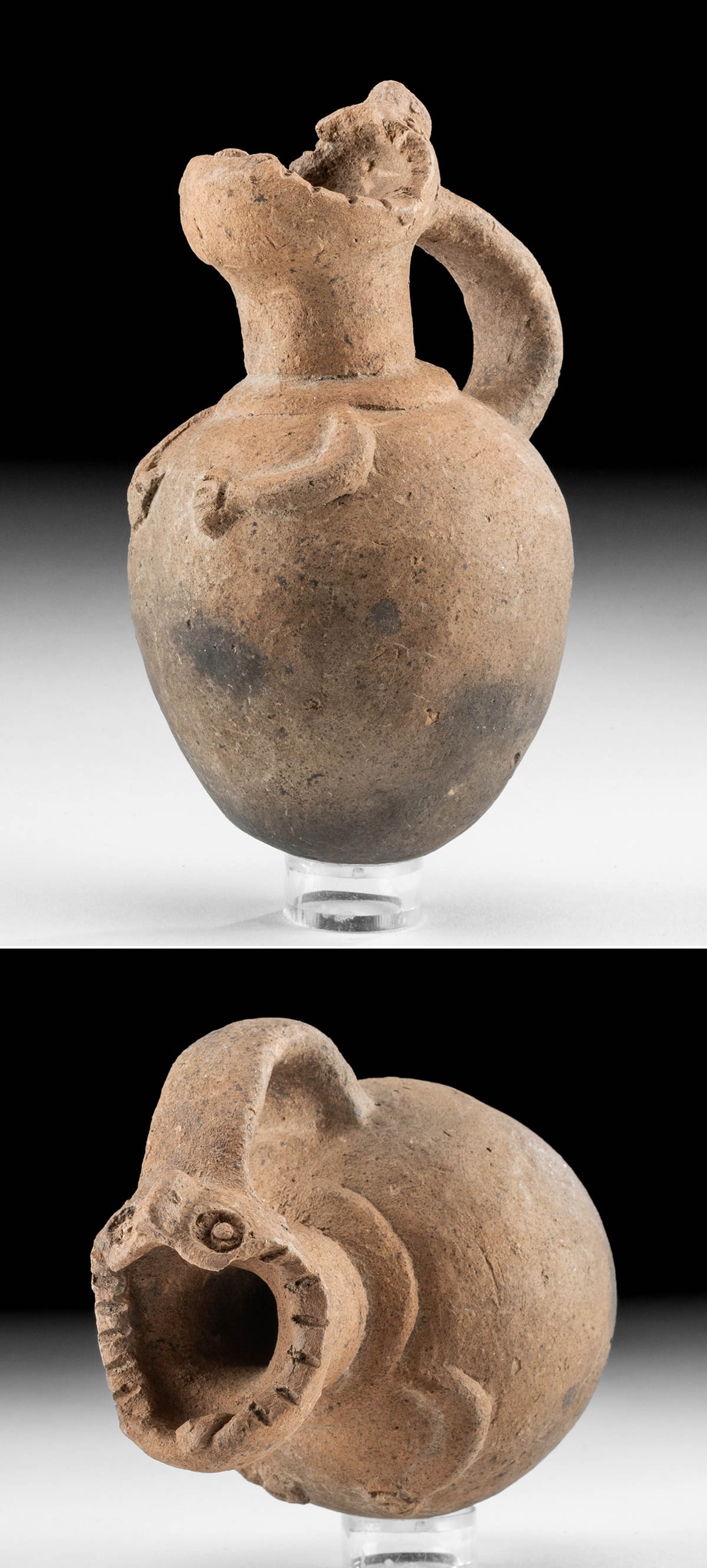 Ancient Peruvian Vessel w/ Snapping Turtle Spout: **Originally Listed At $400** Pre-Columbian, North Coast of Peru, Moche to Chancay, ca. 500 to 1500 CE. A hand-built pottery vessel from ancient Peru that depicts the head of a snapping turtle as it r