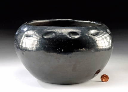 Santa Clara Pueblo Blackware Bowl w/ Dimples: **Originally Listed At $350** Native American, Southwestern United States, New Mexico, Santa Clara Pueblo, circa early to mid-20th century CE. A large, hand-built blackware pottery bowl featuring impr