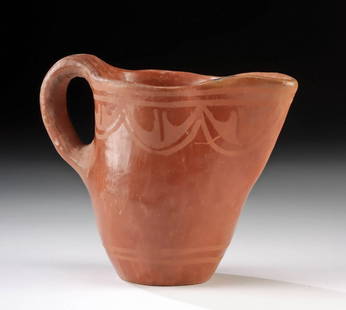 Santa Clara Pueblo Redware Pitcher: **Originally Listed At $300** Native American, Southwestern United States, New Mexico, Santa Clara Pueblo, ca. early to mid-20th century CE. A hand coiled and scraped smooth redware pitcher with a pin