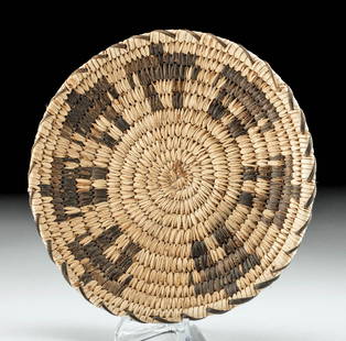 1950s Tohono O'odham Wall Plaque w/ Figures: **Originally Listed At $300** Native American, United States, Arizona, Sonoran Desert region, Tohono O'odham (Papago) peoples, ca. 1950s CE. A hand-woven basketry plaque of circular form bearing espre