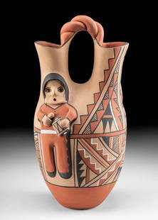 Jemez Pueblo Pottery Wedding Vase - Toya / Jemez: **Originally Listed At $350** Native American, southwest United States, Jemez Pueblo, ca. 20th century CE. Signed "TOYA / JEMEZ" on underside of base. A beautiful pottery wedding vase adorned with rel
