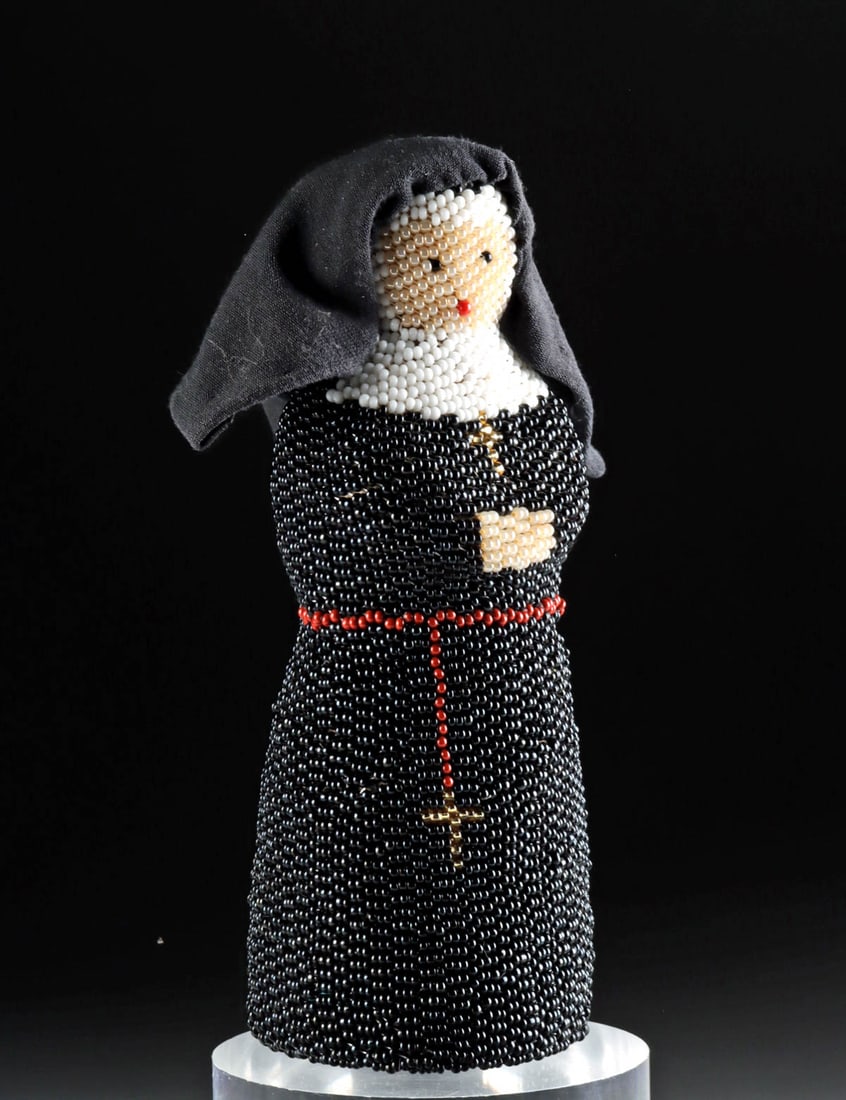 Native American Zuni Beaded Nun - Margaret Dosedo: **Originally Listed At $250** Margaret Dosedo (Native American, Zuni, 20th to 21st century) "Sister Cause A Lot of Trouble," ca. 21st century CE. A beaded nun figure by artist Margaret Dosedo, a wood