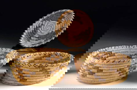 Native American Tohono O'odham Coiled 2 Baskets & Tray: **Originally Listed At $200** Native American, Southwestern United States, Tohono O'odham (Papago), ca. early to mid-20th century CE. A group of three basketry bowls and one tray, all crafted using a