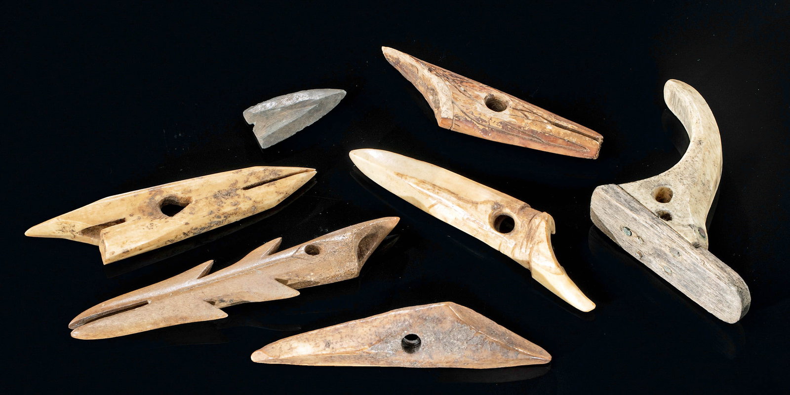 19th C. Inuit Bone Harpoon Tips & Tools (7 pcs): **Originally Listed At $650** Arctic New World, Alaska, Alaskan Native / Inuit people, ca. 19th century CE or possibly earlier for the stone tool. Three are lovely carved bone - probably from marine m