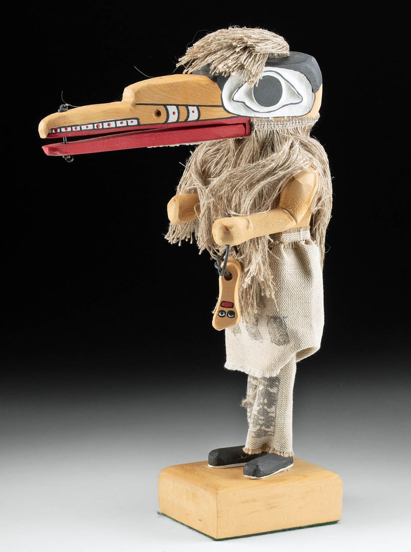 1984 Native Alaskan Wood "Hamatsa Figure" Bird Mask: **Originally Listed At $400** Anonymous (Native Alaskan, 20th to 21st century). "Hamatsa Figure" wooden sculpture with fabric and string, 1984. Indecipherable signature with date and location on verso