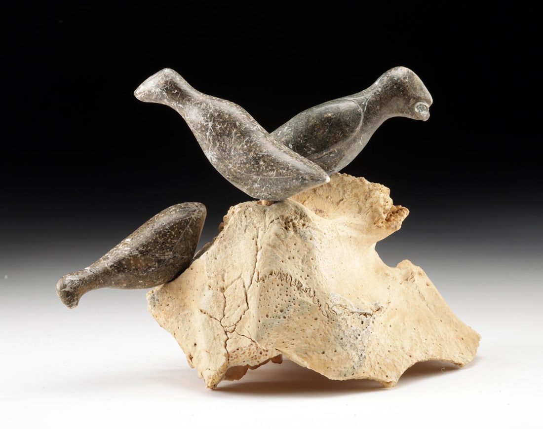 Inuit Bone Sculpture w/ 3 Soapstone Birds: **Originally Listed At $400** Native American / First Nations, Northwest Coast United States, Alaska or Canada, Inuit people, ca. mid to late 20th century CE. A hand carved sculptural scene of 3 soaps
