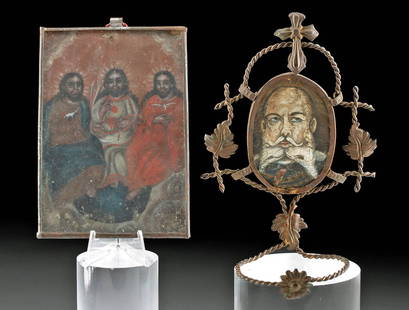 19th C. Mexican Tin Retablo & 20th C. European Portrait: **Originally Listed At $450** Latin America, Mexico, Spanish Colonial period, ca. 19th century CE; Europe, ca. 20th century CE. A fabulous pair of paintings: a Spanish Colonial tin retablo of the Hoy