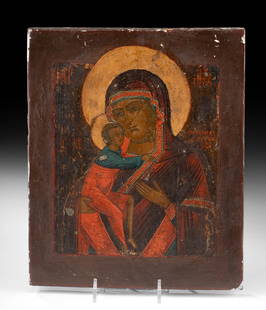 19th C. Russian Wood & Tempera Icon, Virgin of the Kiss: **Originally Listed At $400** Eastern Europe, Russia, ca. 19th to 20th century CE. A precious icon depicting the Virgin of the Kiss - Mother of God - finely painted in tempera and gesso on wood. Chara