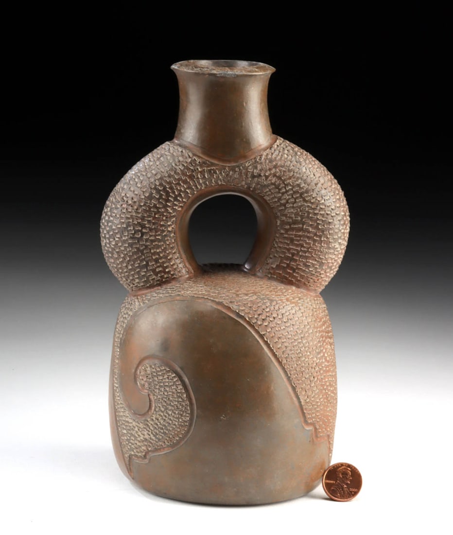 Chavin Pottery Stirrup Vessel - Incised Spirals